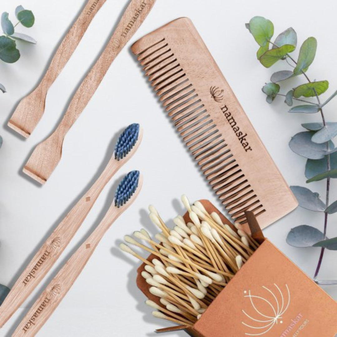 Good Morning Essential Eco friendly Combo Kit | 2 Toothbrush | 2 Tongue scrapper | 100 Ear Buds | 1 Pocket Comb