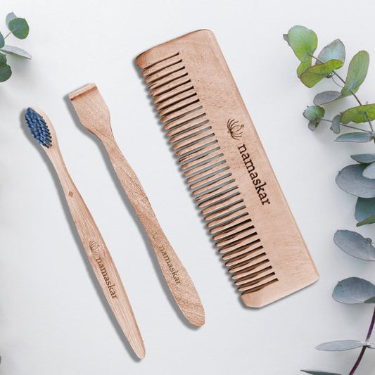 Must-have Essentials | Wooden Toothbrush | Tongue Scrapper | Neem Pocket Comb travel kit